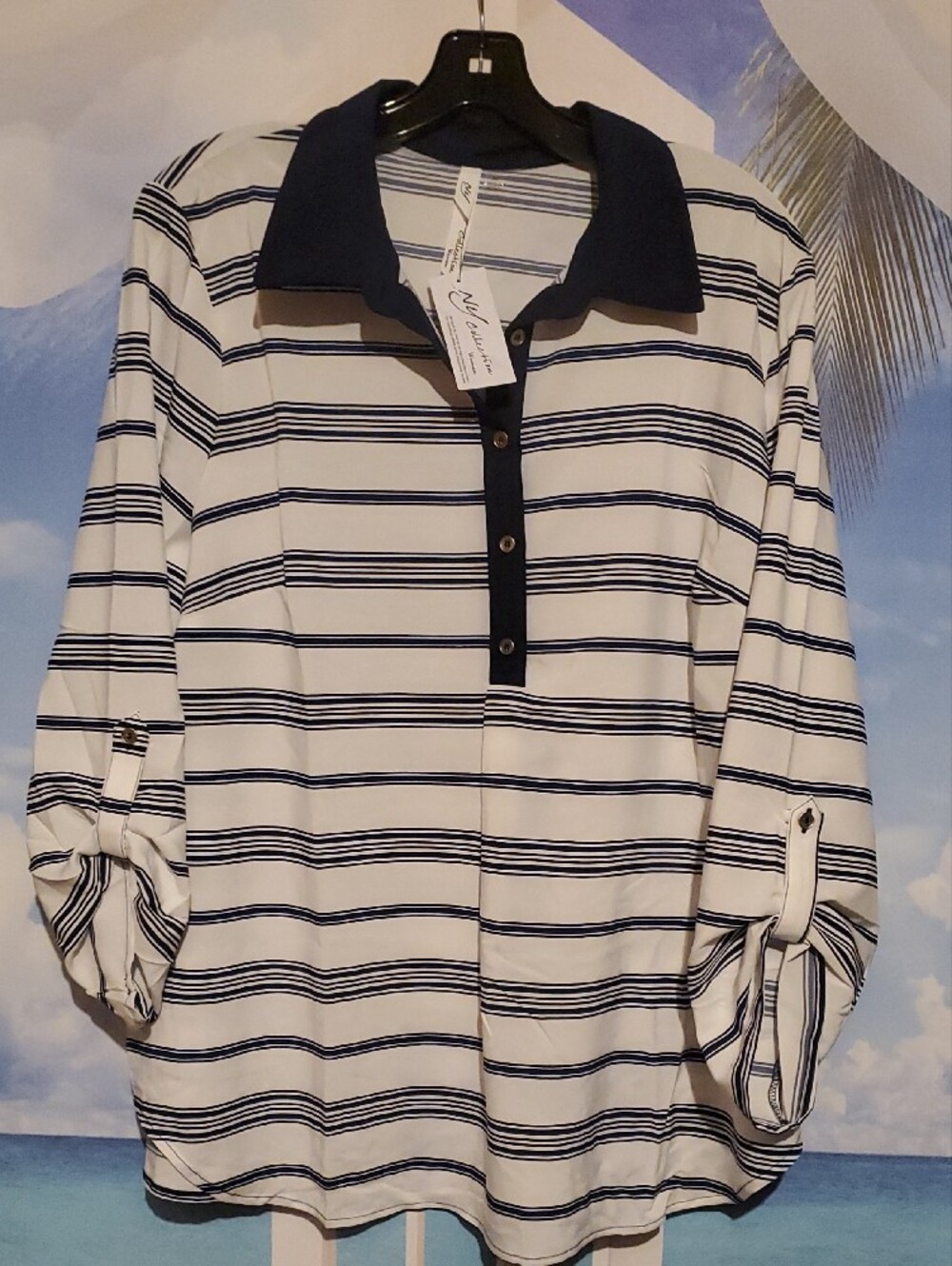 NY Collection White & Navy Striped Button-Down Polo Shirt - Picture 2 of 9
